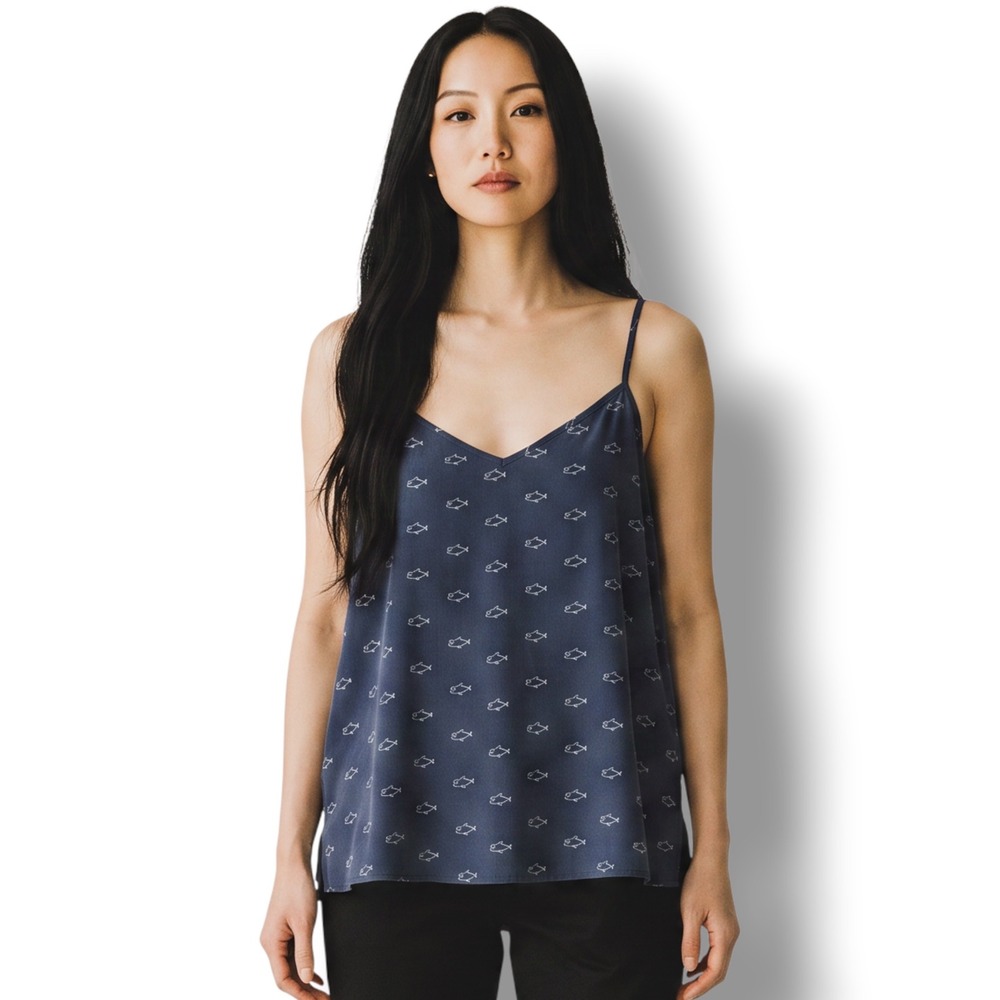 AG Adriano Goldschmied Cami Tank Top Women Size Small S Navy Silk Shark Print